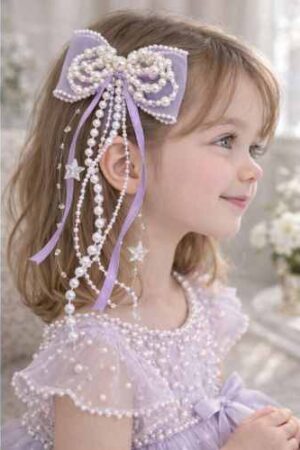 Takabee Organza and Satin Bow Alligator Clip with Pearls - Purple