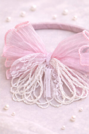 Takabee Organza Bow Hair Band with Fancy Beads - Pink