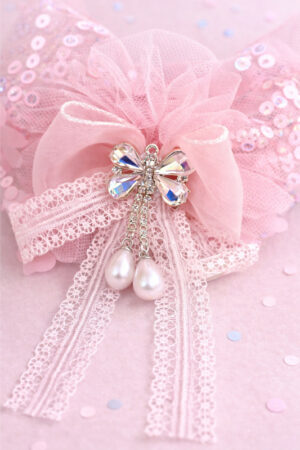 Takabee Net and Organza Hair Band with Pearl and Rhinestone - Peach