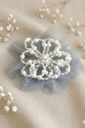 Takabee Net and Organza Flower Alligator Clip with Pearls - Grey