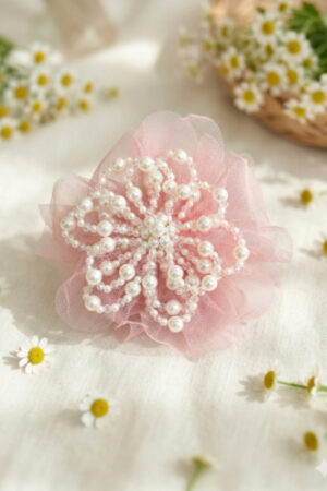 Takabee Net and Organza Flower Alligator Clip with Pearls - Peach