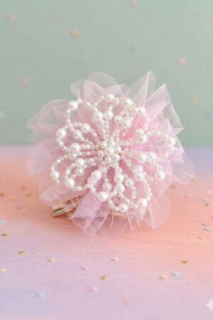 Takabee Net and Organza Flower Alligator Clip with Pearls - Pink