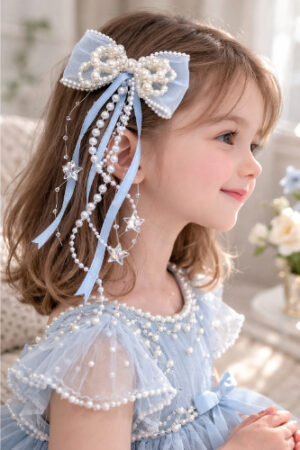Takabee Organza and Satin Bow Alligator Clip with Pearls - Blue