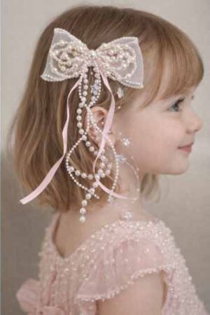 Takabee Organza and Satin Bow Alligator Clip with Pearls - Pink