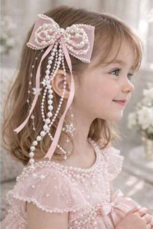 Takabee Organza and Satin Bow Alligator Clip with Pearls - Peach