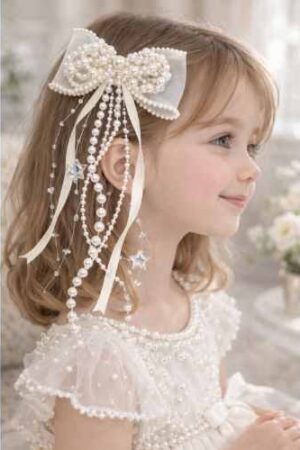 Takabee Organza and Satin Bow Alligator Clip with Pearls - Cream