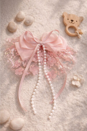 Takabee Elegant Lace & Pearl Hair Bow - Peach