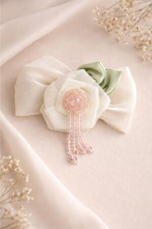 Takabee Organza and Satin Bow Flower Alligator Clip with Beads - Cream
