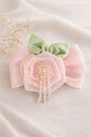 Takabee Organza and Satin Bow Flower Alligator Clip with Beads - Peach