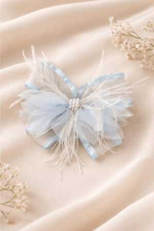 Takabee Organza and Fur Bow Alligator Clip with Beads - Blue