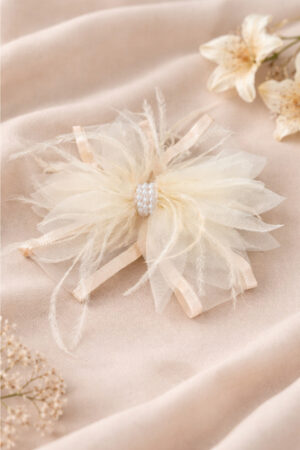 Takabee Organza and Fur Bow Alligator Clip with Beads - Cream