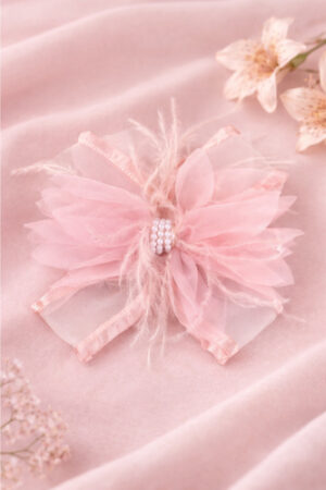 Takabee Organza and Fur Bow Alligator Clip with Beads - Peach