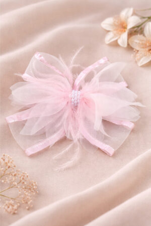 Takabee Organza and Fur Bow Alligator Clip with Beads - Pink