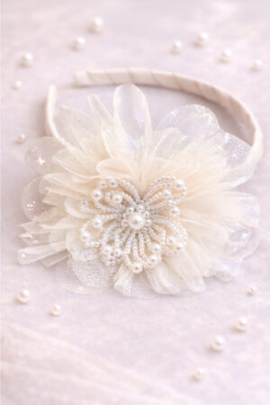 Takabee Fancy Organza and Net Hair Band with Pearls - Cream