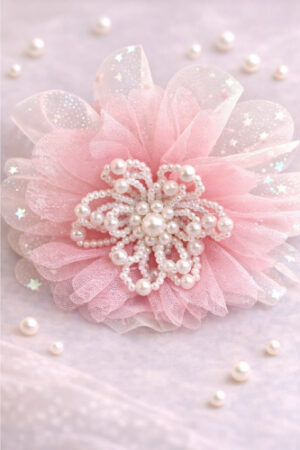 Takabee Fancy Organza and Net Hair Band with Pearls - Peach