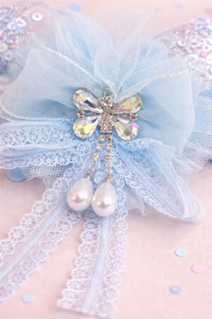 Takabee Net and Organza Hair Band with Pearl and Rhinestone - Blue