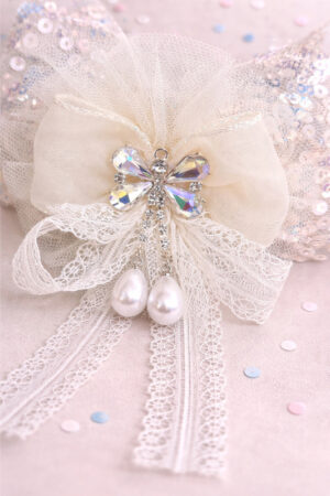 Takabee Net and Organza Hair Band with Pearl and Rhinestone - Off White