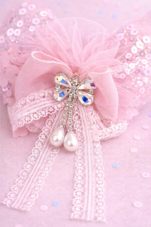 Takabee Net and Organza Hair Band with Pearl and Rhinestone - Pink