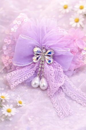 Takabee Net and Organza Hair Band with Pearl and Rhinestone - Purple