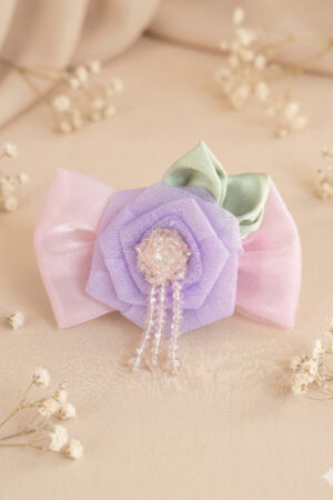 Takabee Organza and Satin Bow Flower Alligator Clip with Beads - Pink