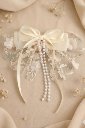 Takabee Elegant Lace & Pearl Hair Bow - Yellow