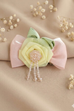 Takabee Organza and Satin Bow Flower Alligator Clip with Beads - Peach Yellow