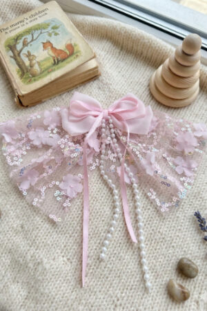 Takabee Elegant Lace & Pearl Hair Bow - Pink