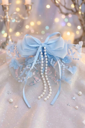 Takabee Elegant Lace & Pearl Hair Bow - Blue